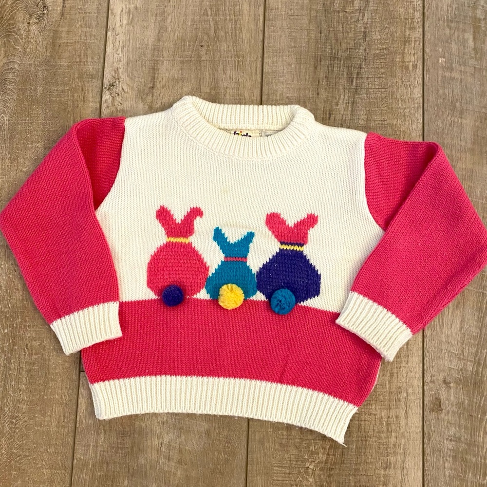 Vintage 80s Pom-Pom Bunny Rabbit Knit Sweater White Pink 24mo Girls
